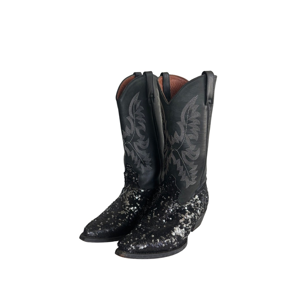 El Presidente Women's Cowboy‎ Boots Black Leather Sequin Western Sparkly Dance